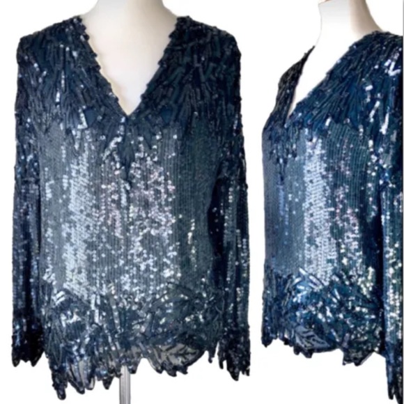 Silk and Sequins Black Formal Top Miss Poillette P - Picture 1 of 10